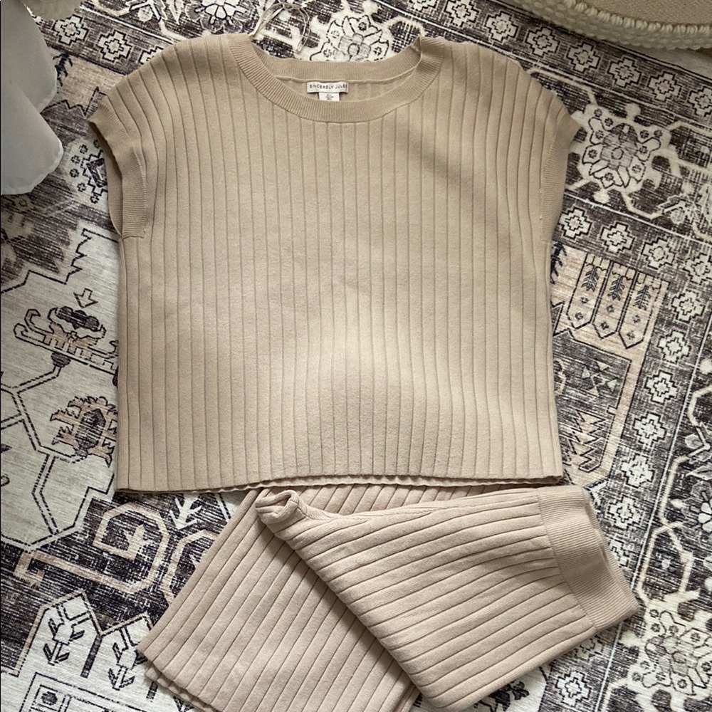 Ribbed Knit Top and Wide leg Set - Beige